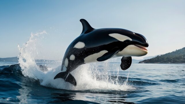 Orca whale leaping from ocean, water splashing, transparent background