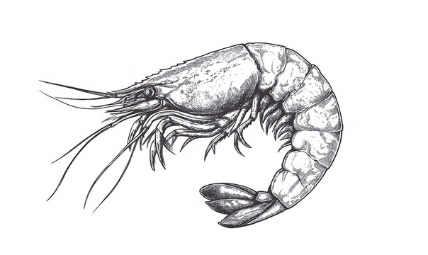 recommend clip art: Seafood, shrimp prawn. Vintage retro print, black white seafood shrimp prawn sketch ink pencil style drawing, linear drawing, engrave old school. Sketch artwork shrimp prawn, seafood. Illustration