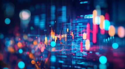 Fototapeta premium Insight into stock market expansion, business investments, and data analytics, illustrated with digital charts, graphs, and indicators on a blurred dark blue background