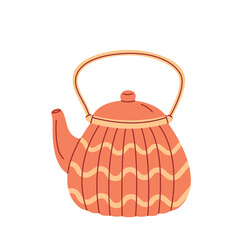 Autumn teapot on white background. Cozy home element. Kettle. Fall season.