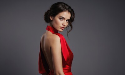 Fototapeta premium Model luxury woman in red dress posing on grey background. Generative AI