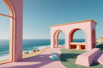 Obraz premium Charming Surreal 3D Render of a Pastel Coast Landscape with Arches and Viewing Station