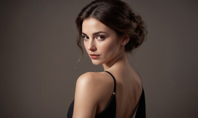 Naklejka premium Model luxury woman in red dress posing on grey background. Generative AI