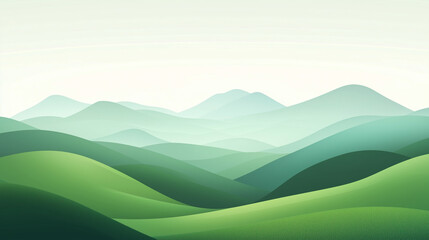 Obraz premium Zielony abstrakcyjny krajobraz ukazuje płynne, faliste linie gór i wzgórz, w stonowanej palecie zieleni.