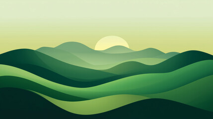 Obraz premium Zielony abstrakcyjny krajobraz ukazuje płynne, faliste linie gór i wzgórz, w stonowanej palecie zieleni.