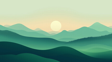 Obraz premium Zielony abstrakcyjny krajobraz ukazuje płynne, faliste linie gór i wzgórz, w stonowanej palecie zieleni.