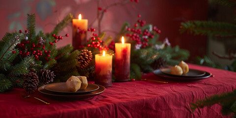 Red candles on dark background with bokeh lights
