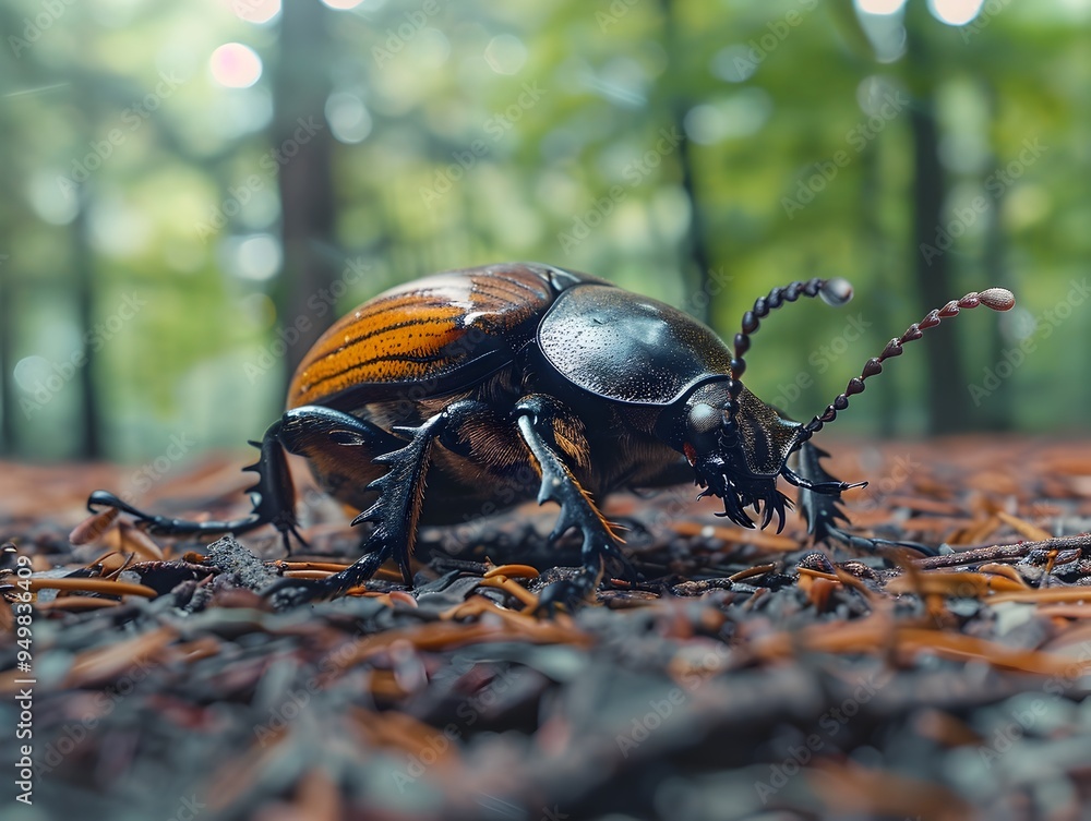 Poster detailed view of a beetle crawling on a forested forest floor with antennae and hard shell