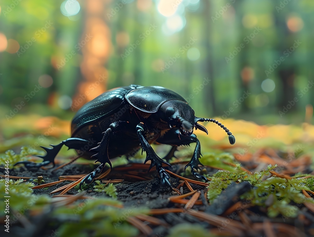 Poster detailed view of a beetle on a forest floor with visible hard shell and antennae