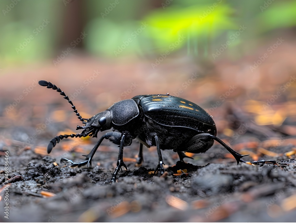 Poster detailed beetle on the forest floor with visible hard shell and antennae