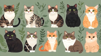 Diverse Cartoon Cats in Sage Green Floral Foliage Background