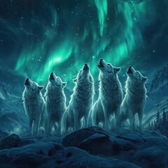Naklejka premium Four White Wolves Howling Under the Northern Lights