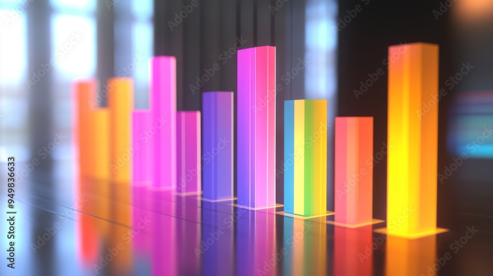 Poster A 3D bar chart with gradient-colored bars, each bar rising from a digital base, with data labels and a smooth, blurred background for a polished and professional look.
