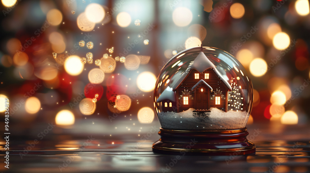 Aufkleber snow globe with illuminated house and falling snow on wooden table against cozy bokeh backdrop