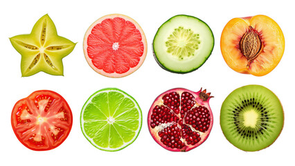 PNG half slice fruit flatlay element set, transparent background