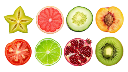PNG half slice fruit flatlay element set, transparent background