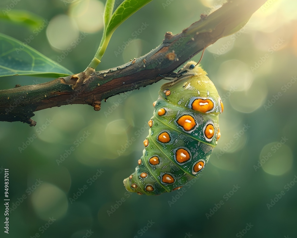 Poster close up of a delicate butterfly chrysalis hanging from a twig representing the wonders of metamorph