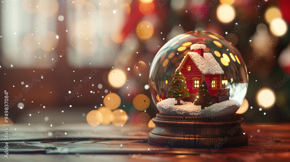 Poster snow globe with a festive red holiday cabin resting on a wooden base as snow falls around it