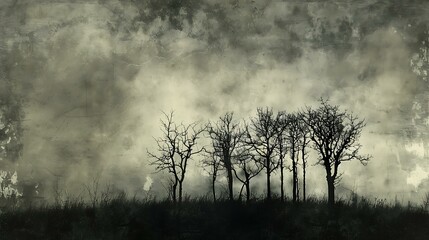 Fototapeta premium A moody black and white grunge landscape with barren trees silhouetted against a stormy sky, rough textures, and dark, ominous clouds adding to the eerie atmosphere.