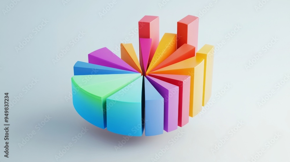 Poster a 3d pie chart with colorful segments, floating above a white background, representing data distribu