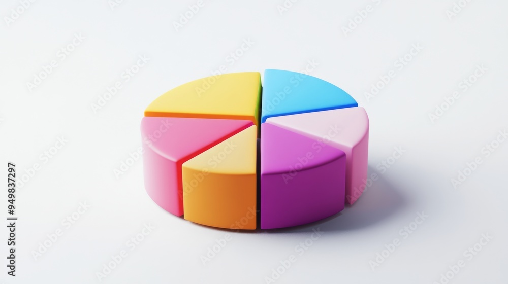 Fototapete A 3D pie chart with colorful segments, floating above a white background, representing data distribution in a visually striking way.