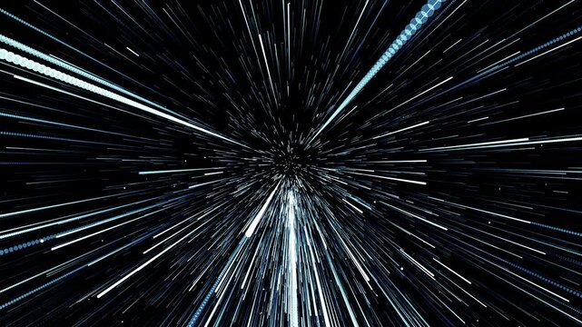 Flying through infinite space of parallel particle tracks. Abstract animation.