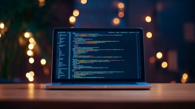Laptop show displaying complex code snippets, programmer workspace., web development tools, 