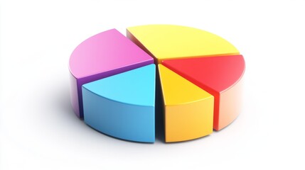 Obraz premium A 3D pie chart with colorful segments, floating above a white background, representing data distribution in a visually striking way.