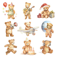 PNG watercolor teddy bear character element set, transparent background