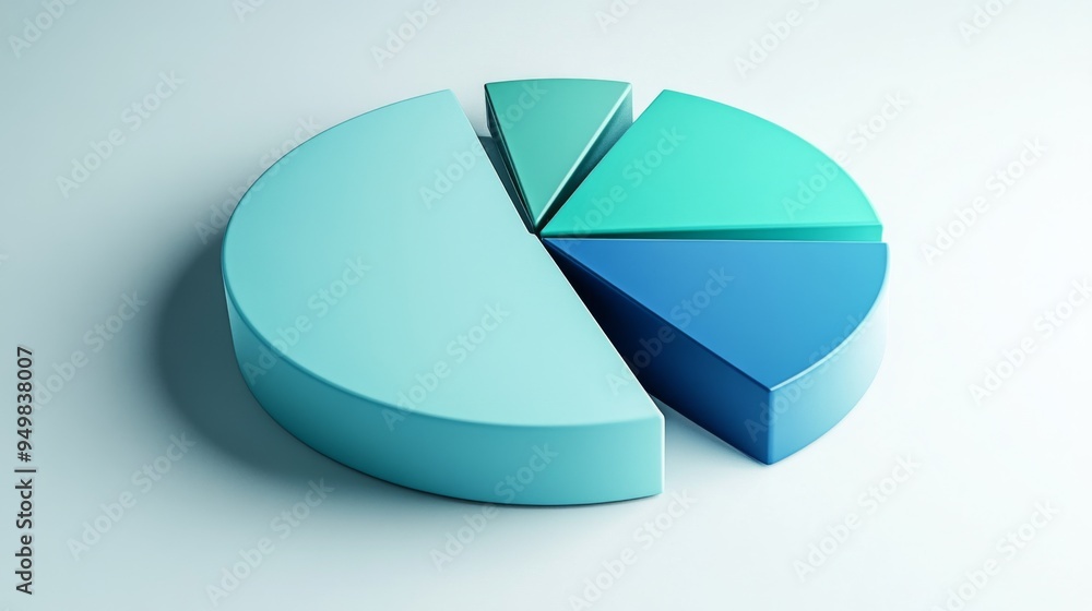 Poster a 3d pie chart with segments in various shades of blue and green, rotating slightly, symbolizing dyn