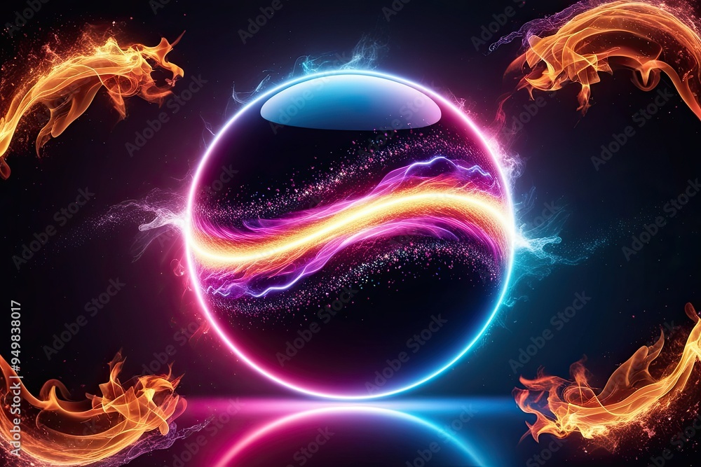 Poster vibrant abstract neon energy sphere with dynamic particle waves and enchanting flames on dark backgr