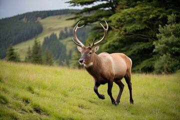 Fototapeta premium Joyful Deer Discovering Green Grassy Landscape in Vibrant Nature