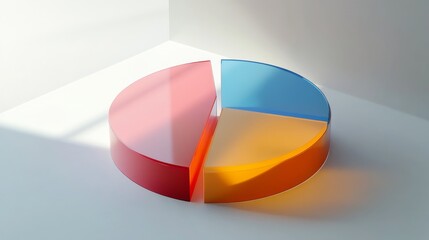 Obraz premium A 3D pie chart with transparent sections, allowing a view through the layers, set against a clean, minimalist white background.
