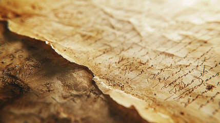 Fototapeta premium A close-up shot of an old, yellowed document with faded ink and a slightly torn edge, giving it a vintage feel.