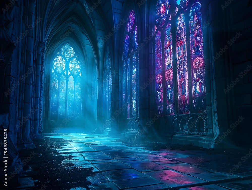 Poster glowing stained glass windows in a gothic cathedral surrounded by darkness