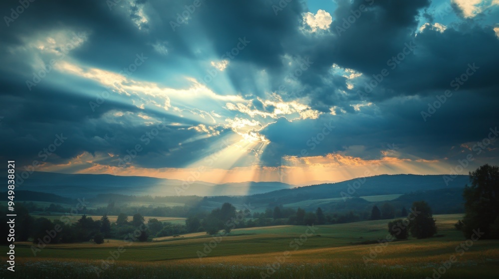 Poster a beam of sunlight breaking through clouds over a serene landscape, highlighting the contrast betwee
