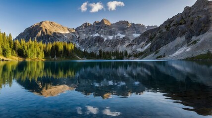 Panorama of mountain reflection in blue lake 