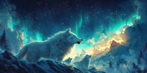 White Wolf Howling Under a Starry Sky