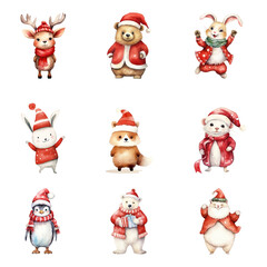 Fototapeta premium PNG watercolor Christmas animal character element set, transparent background