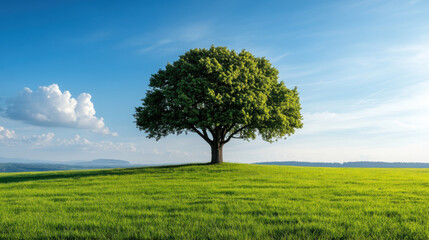 A solitary oak tree stands in a vast green field under a bright blue sky, symbolizing strength and serenity in nature.
