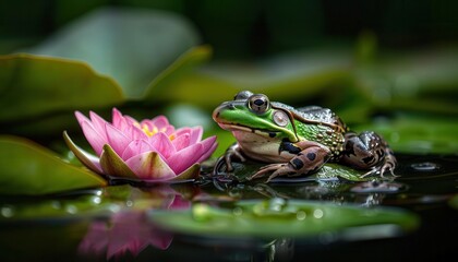 Frog pond with frogs and water lilies, natural and serene, Nature, Green hues, Photograph, Pond ecosystem