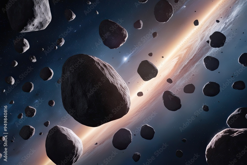 Poster asteroid swarm with boulder and meteorite showers in outer space