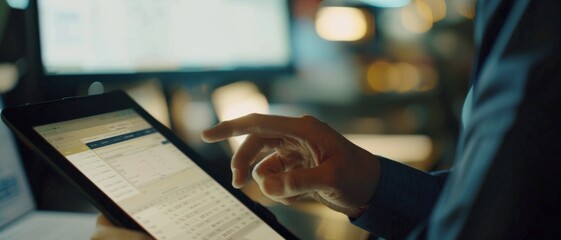 Close-up of a hand using a tablet with financial data and stock market information displayed on the screen in a dimly lit office.