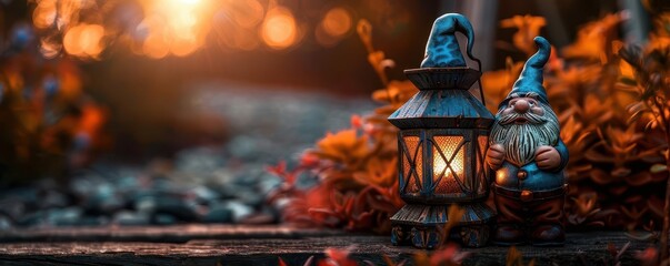Garden gnome holding a lantern, whimsical and charming, Fantasy, Bright colors, Photograph, Garden playfulness