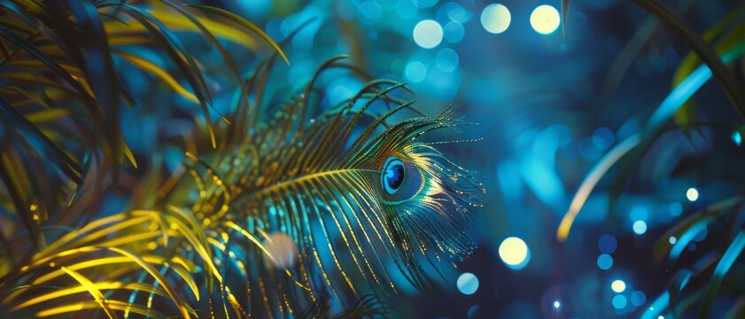 Vibrant peacock feather with glistening dew drops amid lush leaves and glowing orbs in the background, creating a magical atmosphere. - Powered by Adobe