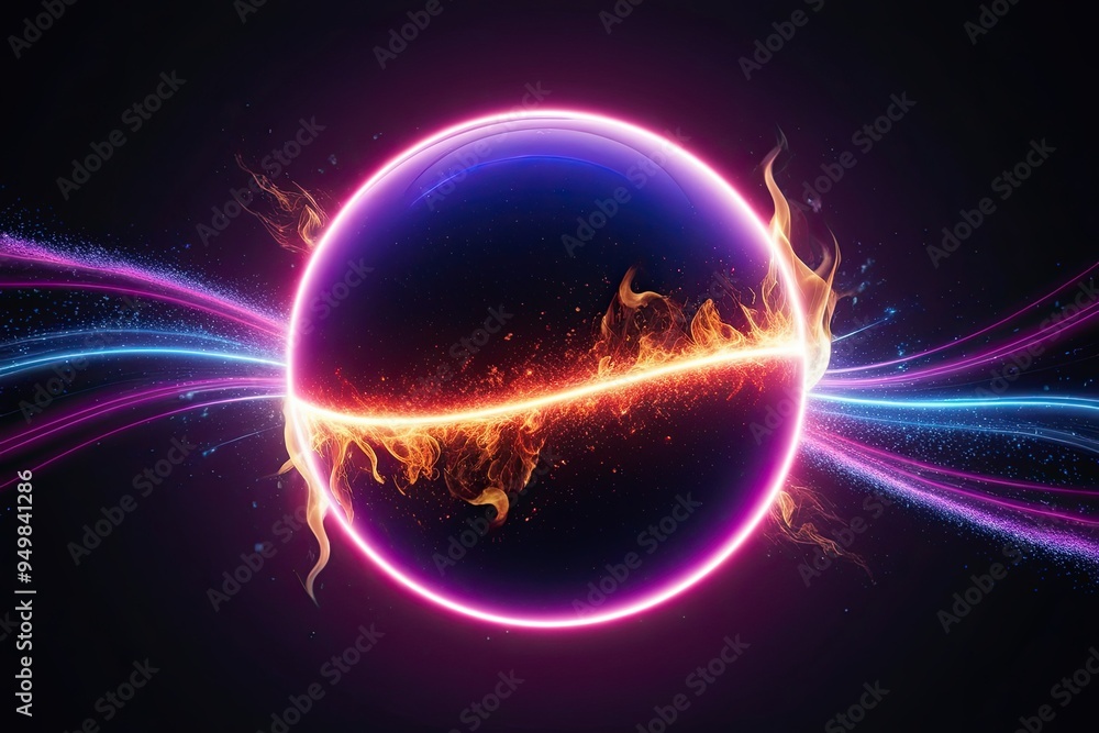 Poster vibrant neon energy sphere with dynamic particle waves and enchanted flames on dark background
