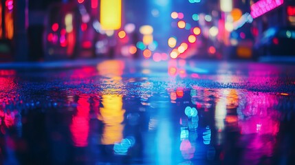 Fototapeta premium Multi-colored neon lights on a dark city street, reflection of neon light in puddles and water. Abstract night background, blurred bokeh light. Night view colorful