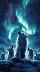 Naklejka premium Wolves Howling Under the Northern Lights