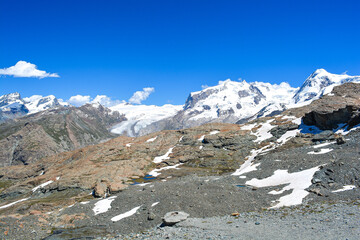 Swiss Alps peaks and ridges covered in snow in Summer. 