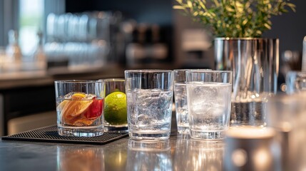 A beautifully designed glassware set with various drink options, including water and cocktails, arranged on a stylish bar counter.